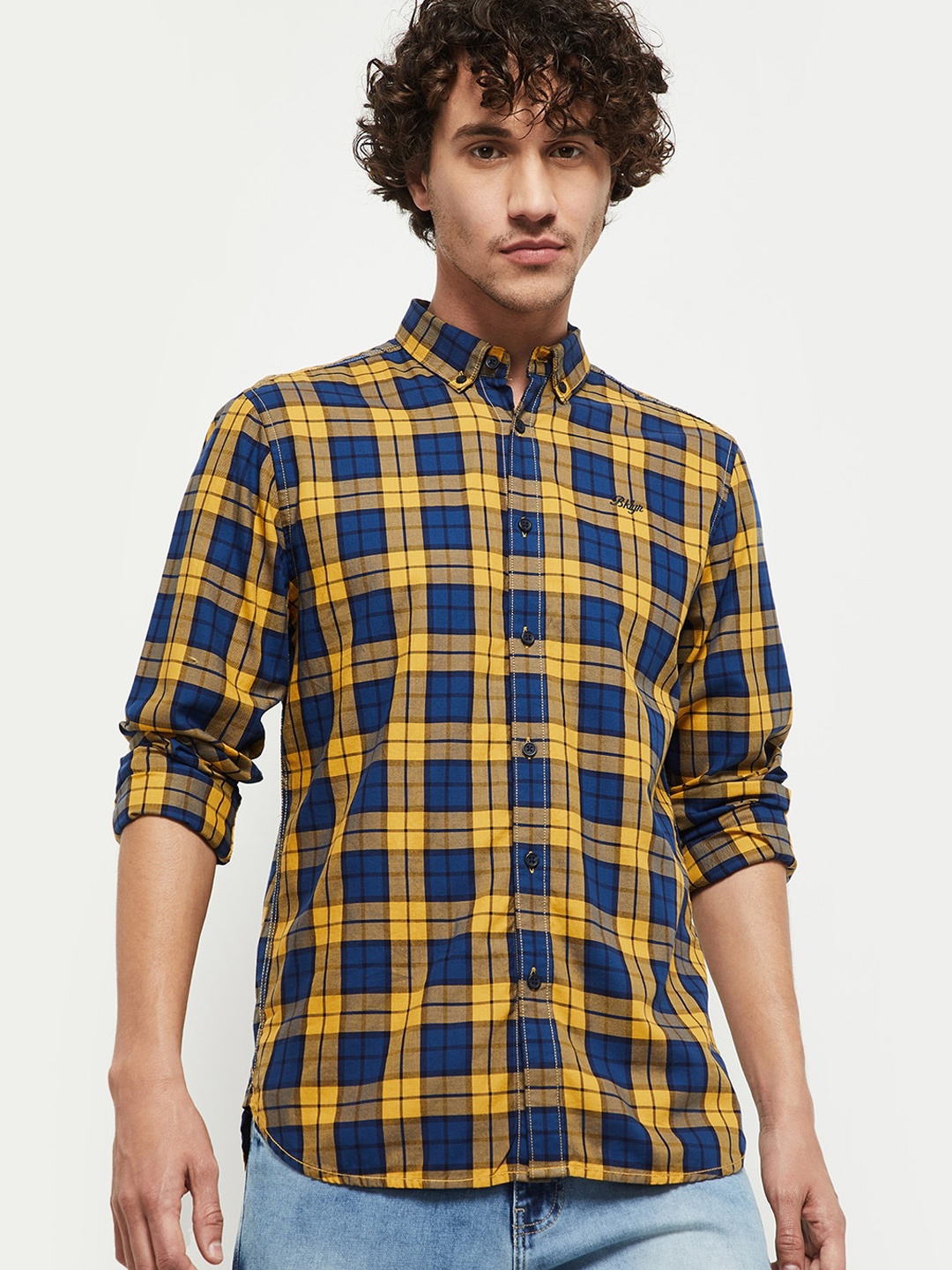 

max Men Yellow & Blue Slim Fit Opaque Checked Pure Cotton Casual Shirt