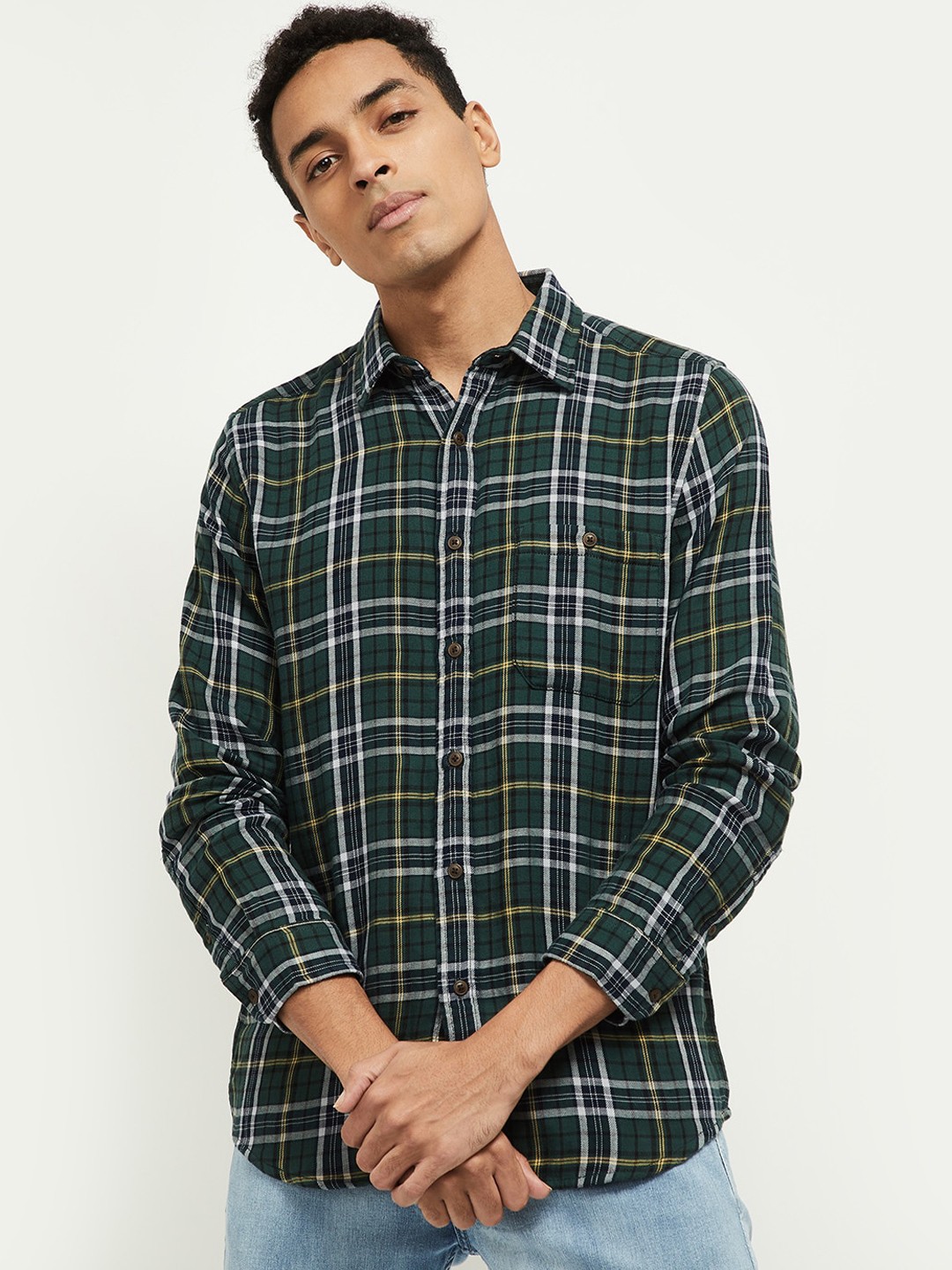 

max Men Green & White Opaque Checked Pure Cotton Casual Shirt