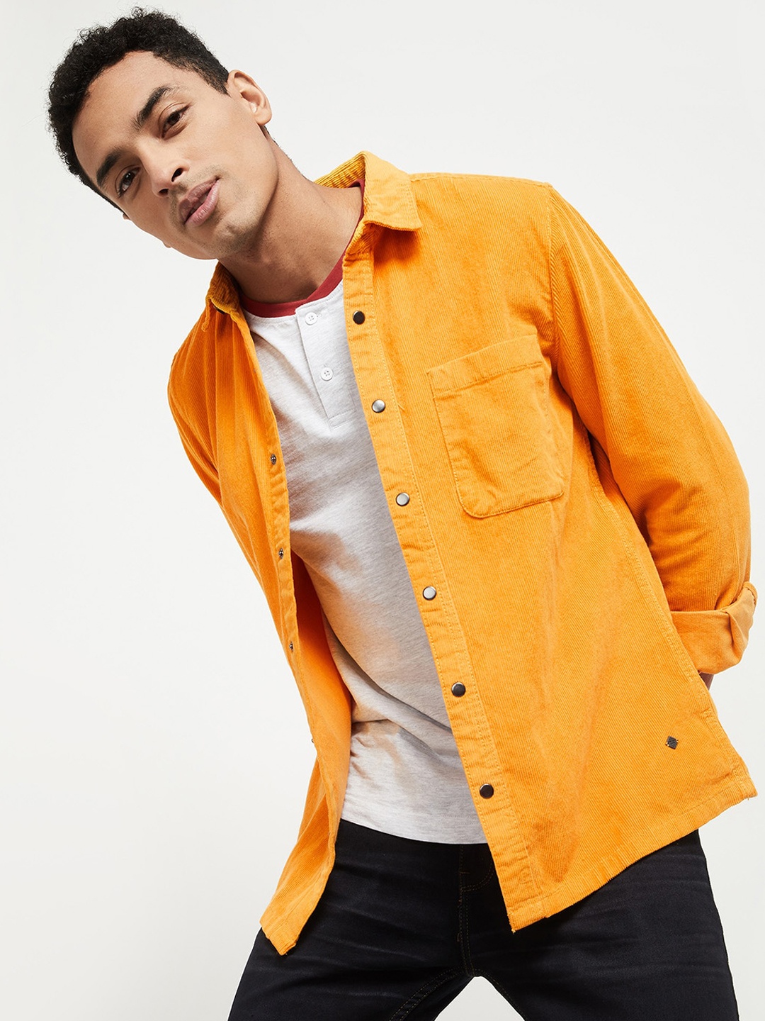 

max Men Orange Slim Fit Opaque Pure Cotton Shacket