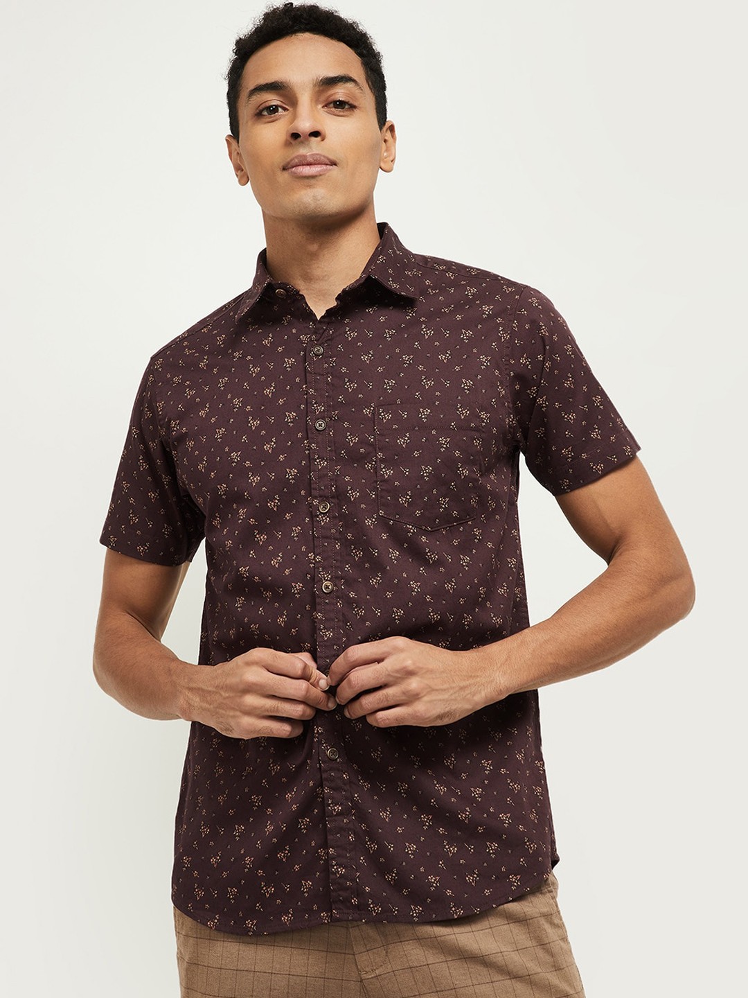 

max Men Brown & Yellow Opaque Printed Pure Cotton Casual Shirt