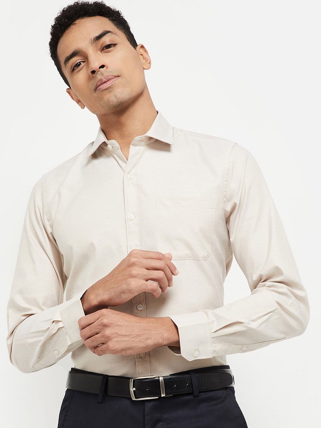

max Men Beige Slim Fit Opaque Pure Cotton Formal Shirt