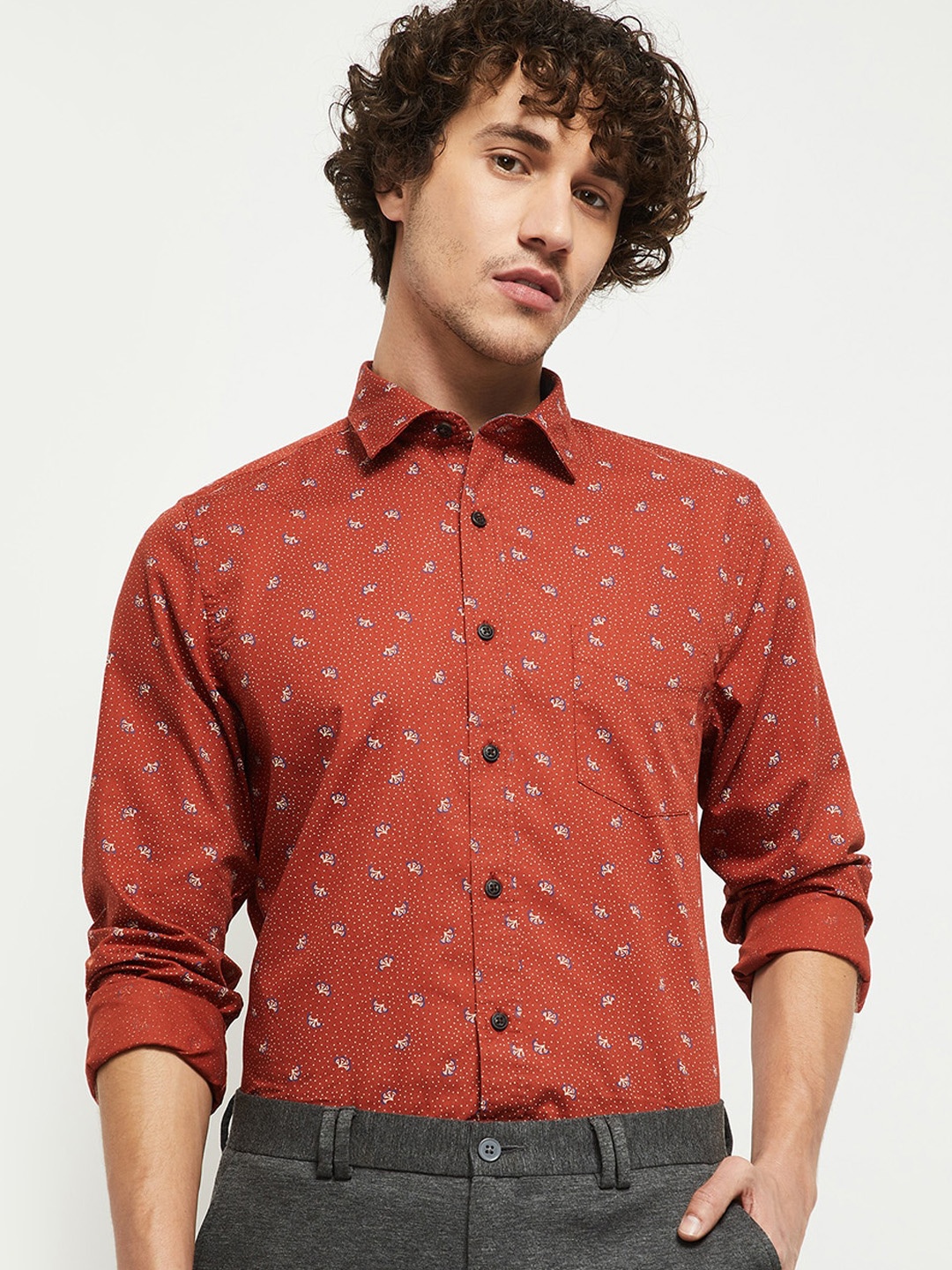 

max Men Rust & White Slim Fit Opaque Printed Pure Cotton Casual Shirt