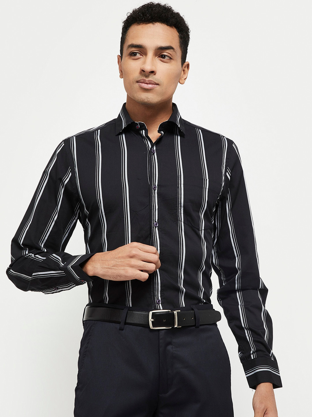 

max Men Black & White Slim Fit Opaque Striped Pure Cotton Formal Shirt