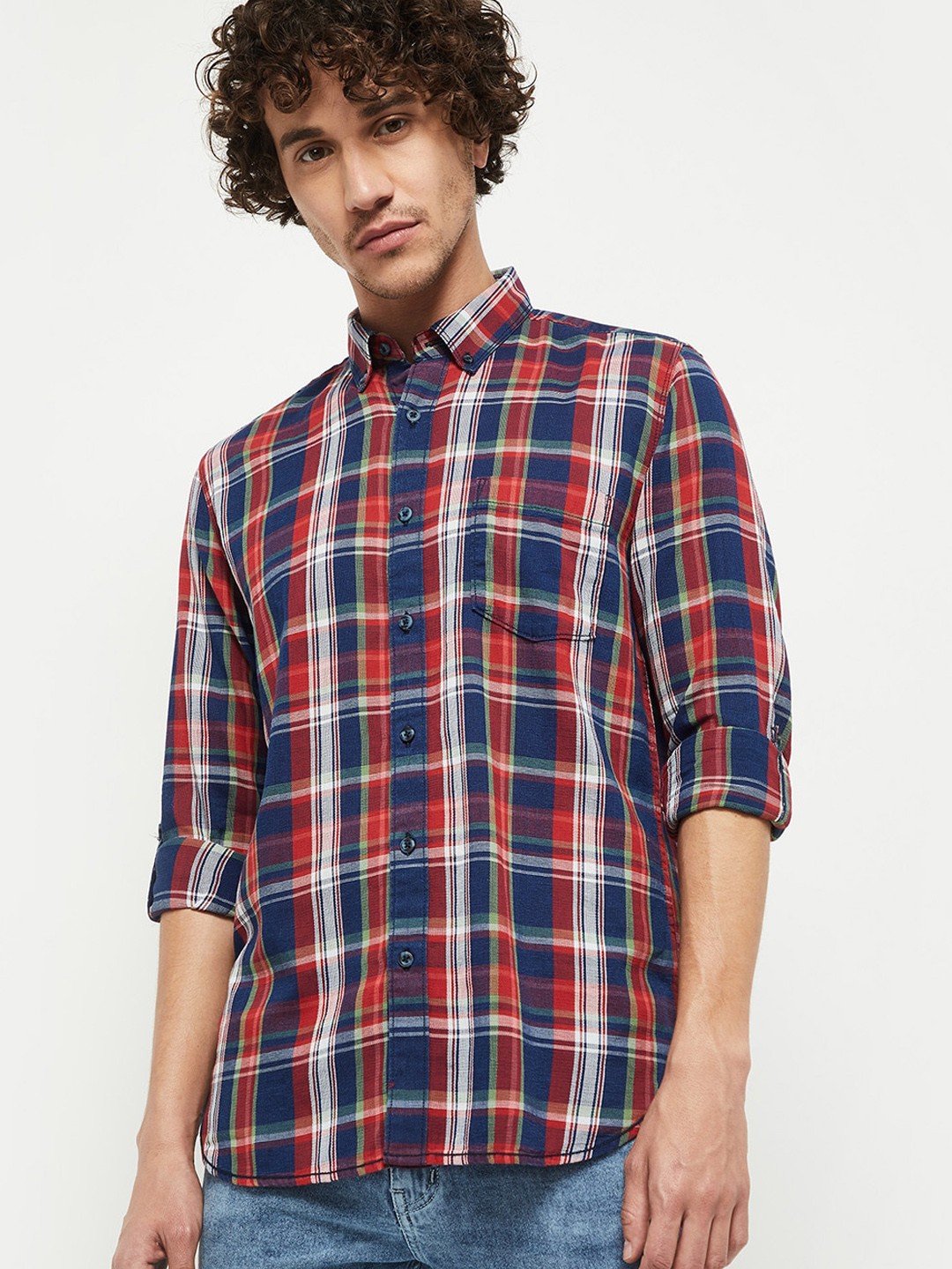 

max Men Magenta & Blue Slim Fit Opaque Checked Pure Cotton Casual Shirt