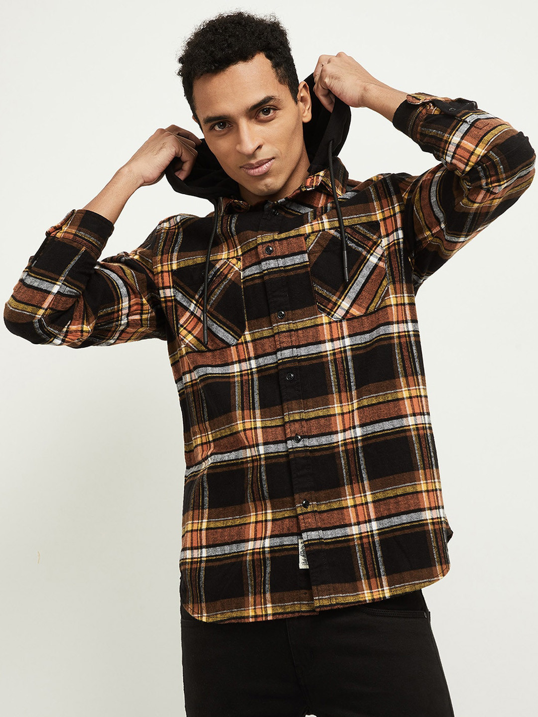 

max Men Orange & Black Slim Fit Opaque Checked Pure Cotton Casual Shirt