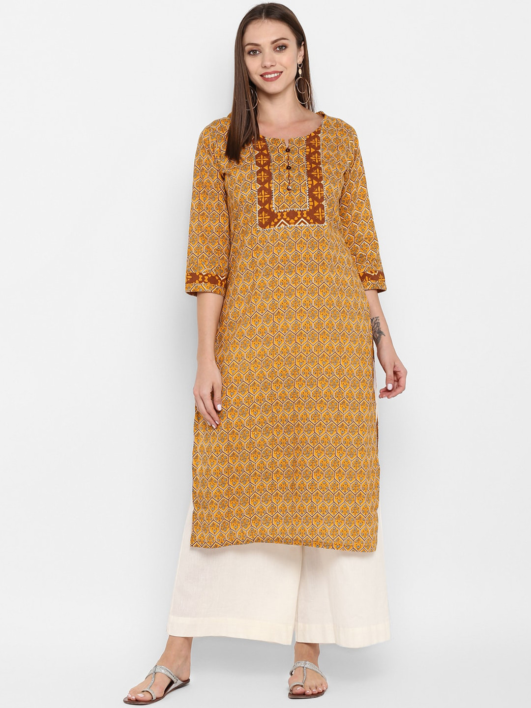 

ZOEYAMS Women Mustard Yellow & Blue Ethnic Motifs Printed Cotton Kurta