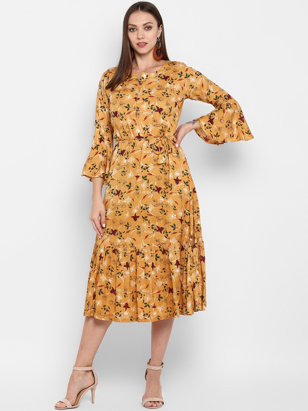

ZOEYAMS Women Mustard Yellow Printed Flared Sleeves Kurta