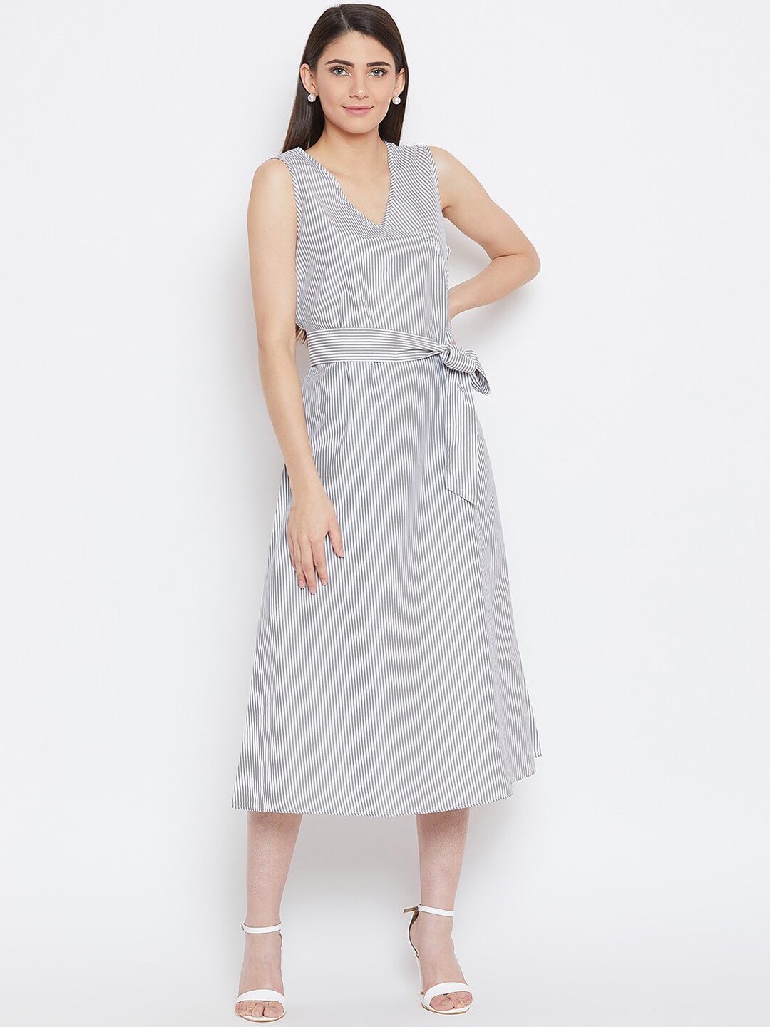 

Bitterlime Women Grey & White Striped A-Line Midi Dress