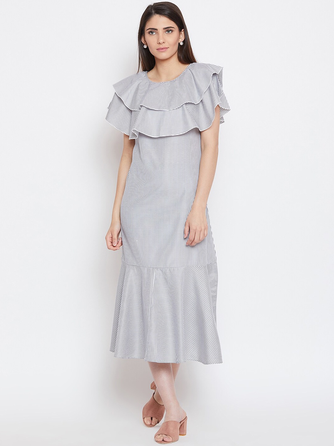 

Bitterlime Women Grey & White Striped A-Line Dress