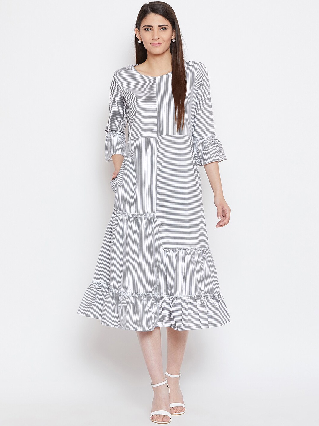 

Bitterlime Women Grey & White Striped A-Line Dress