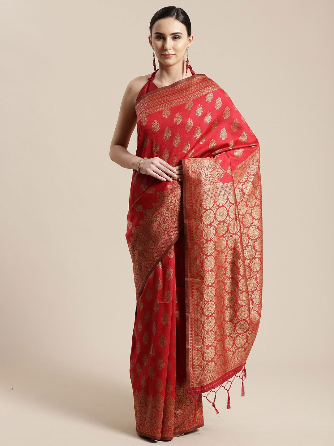 

Saree mall Red & Gold-Toned Ethnic Motifs Zari Silk Blend Sarees