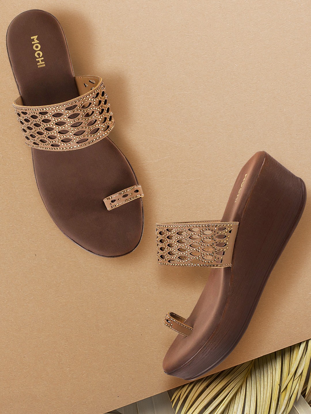 

Mochi Women Beige Wedge Sandals with Laser Cuts