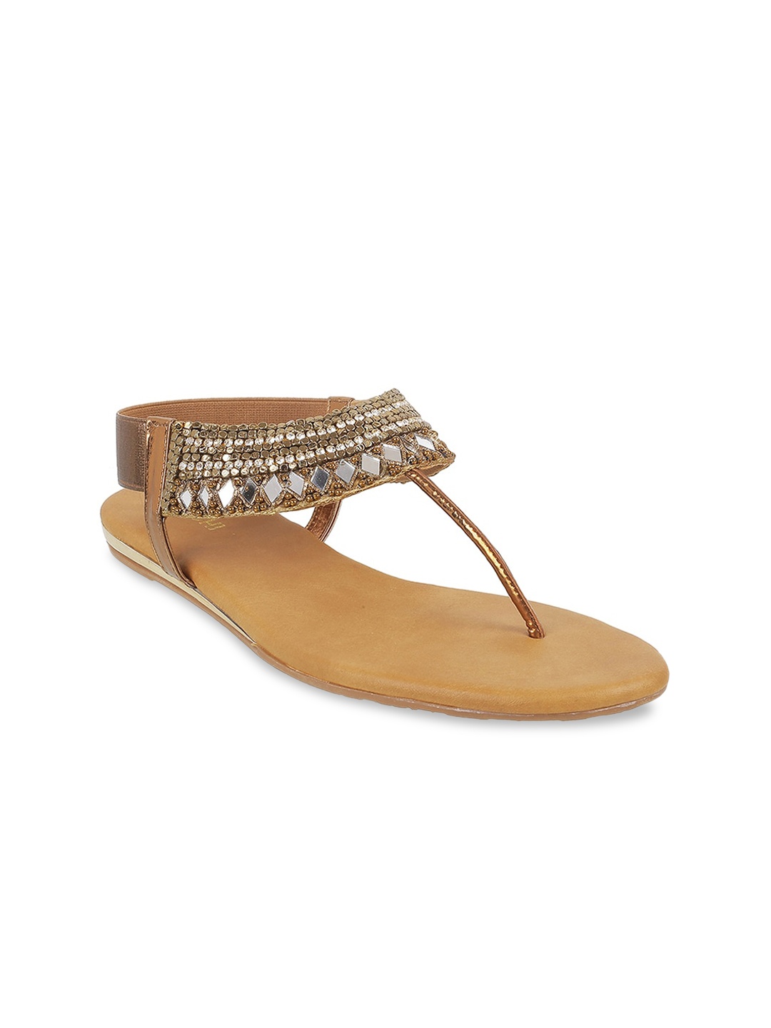 

Mochi Women Gold-Toned Ethnic T-Strap Flats