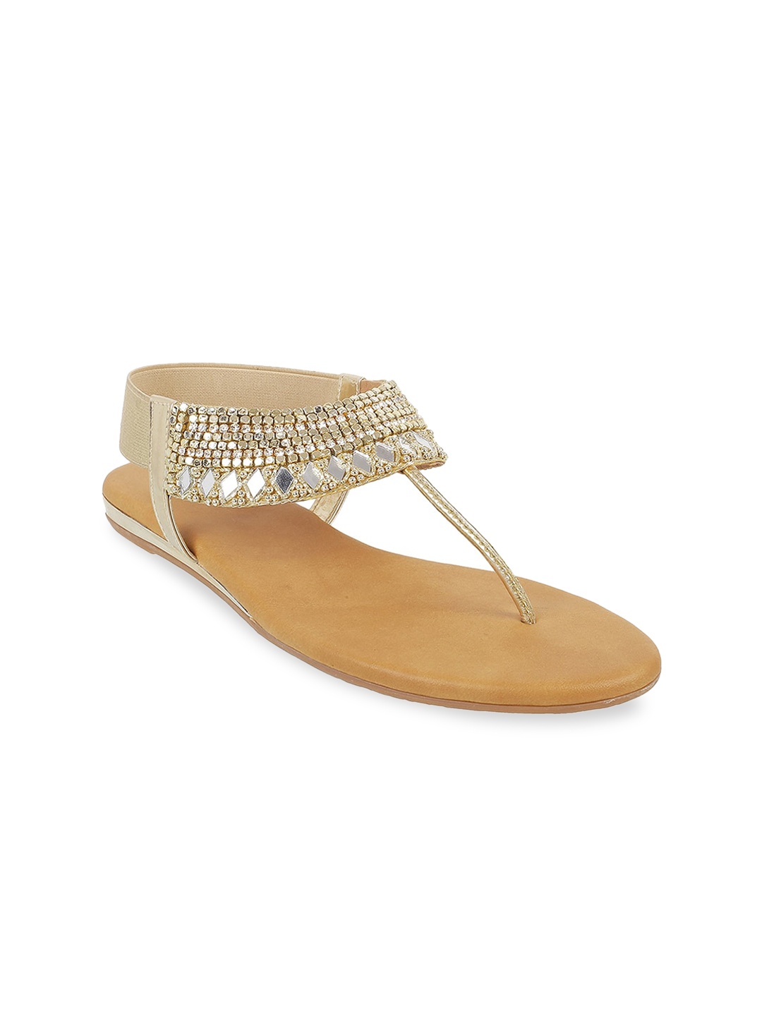 

Mochi Women Gold-Toned Embellished T-Strap Flats