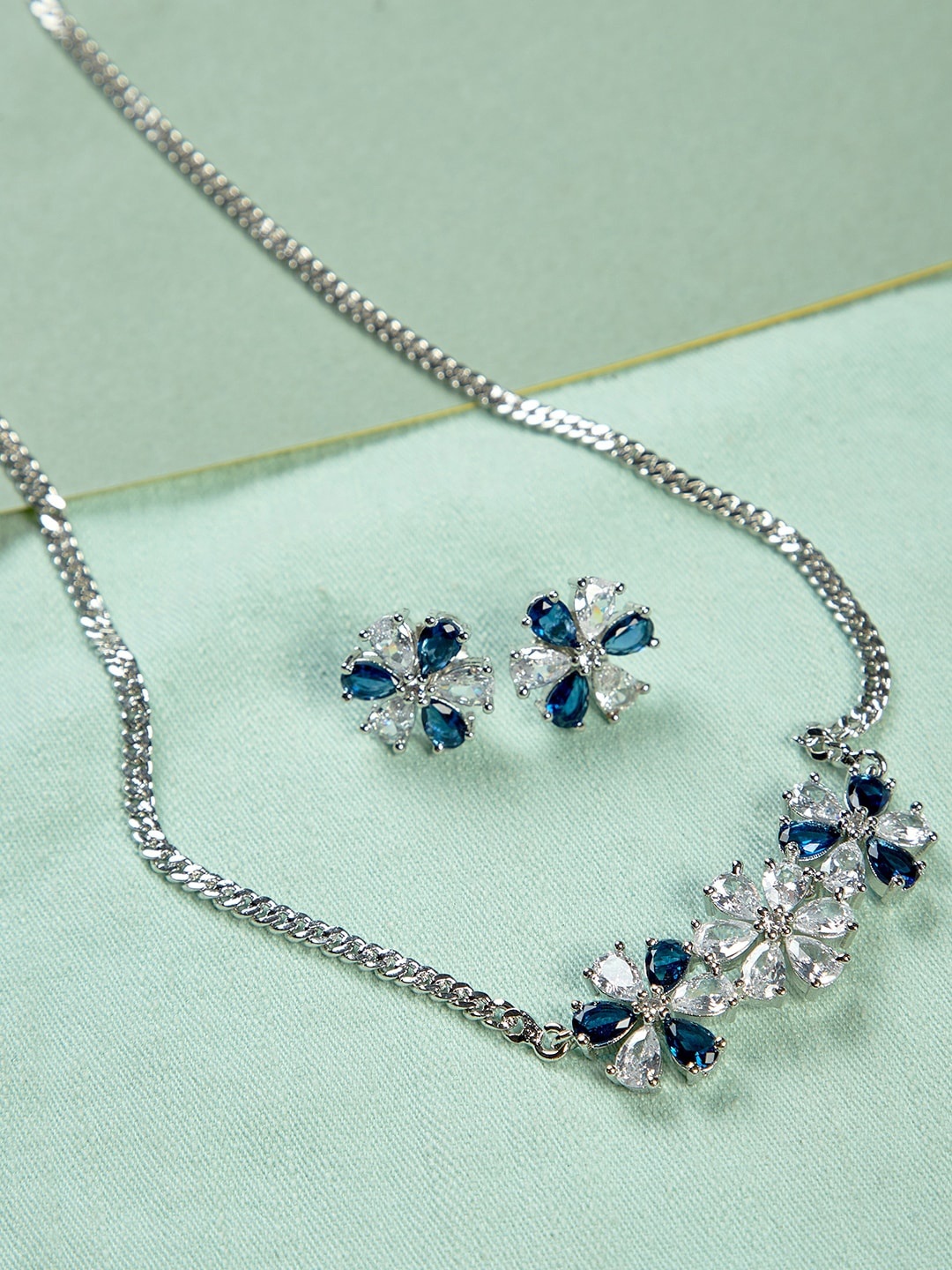 

GloBox By ZeroKaata Rhodium Plated & Blue American Diamonds Studded Jewellery Set, Silver