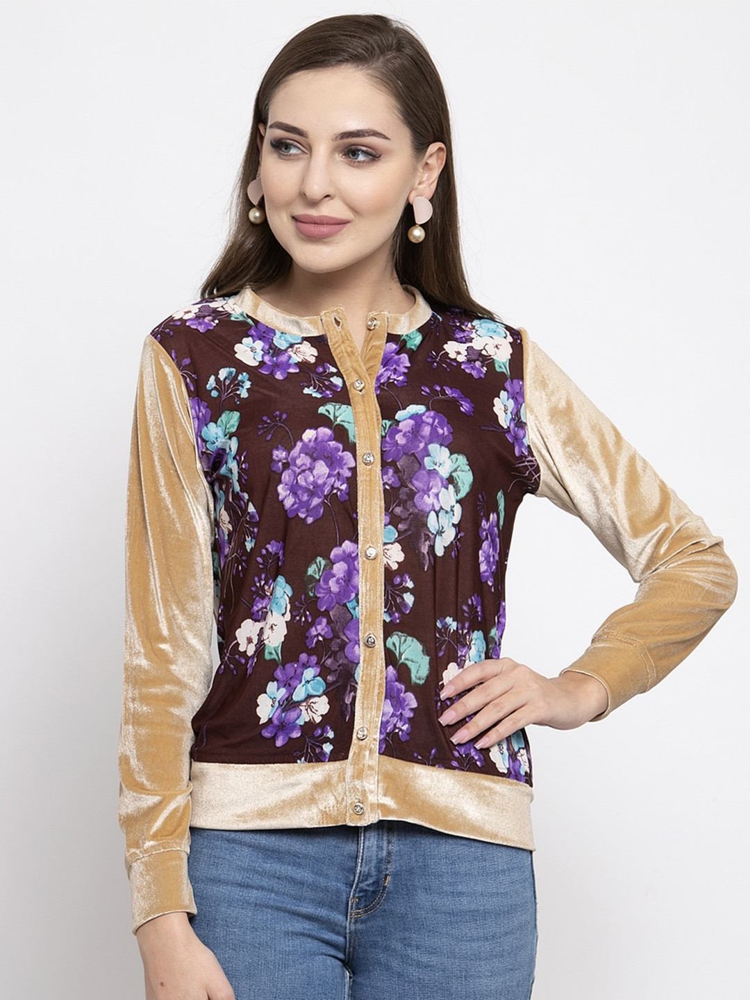 

armure Women Multicoloured Floral Velvet Regular Top, Multi