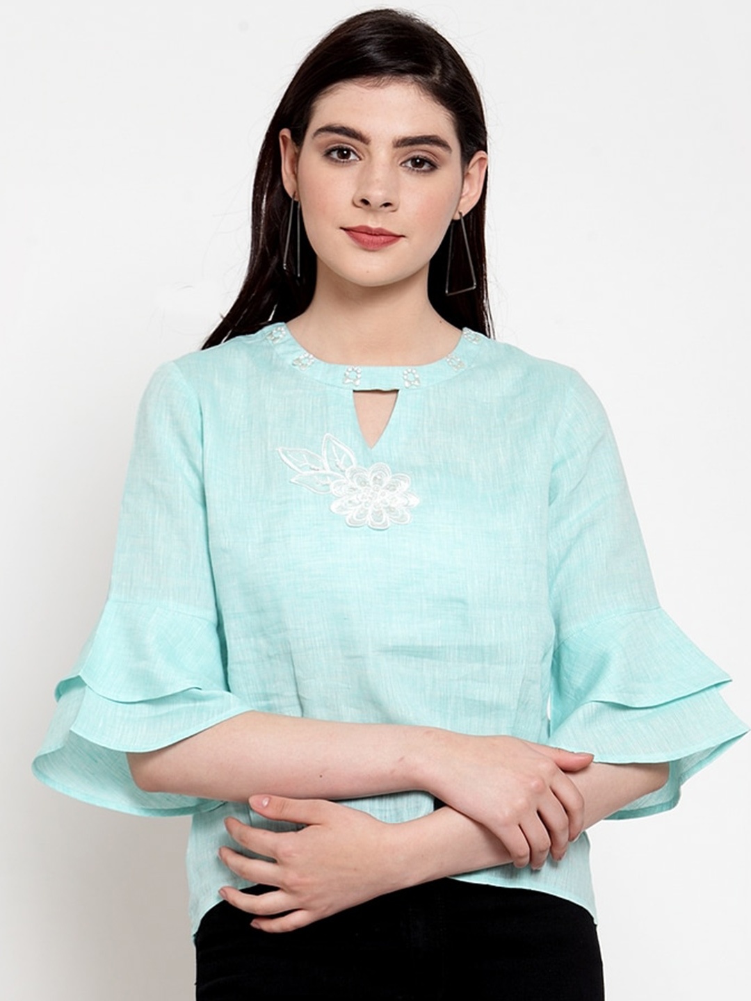 

armure Turquoise Blue Floral Embroidered Bell Sleeve Regular Top