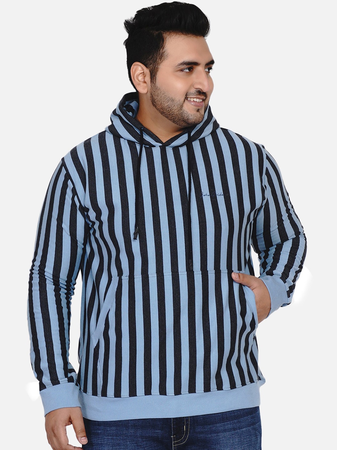

John Pride Men Blue Striped Hooded Sweatshirt