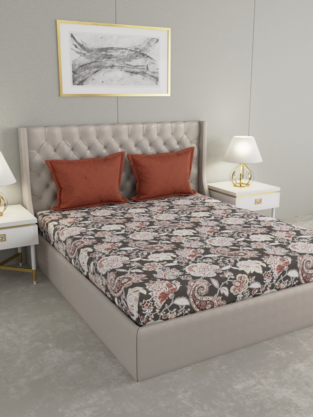 

MYTRIDENT Maroon Off White Floral Printed 144 TC Queen Bedsheet with 2 Pillow Covers