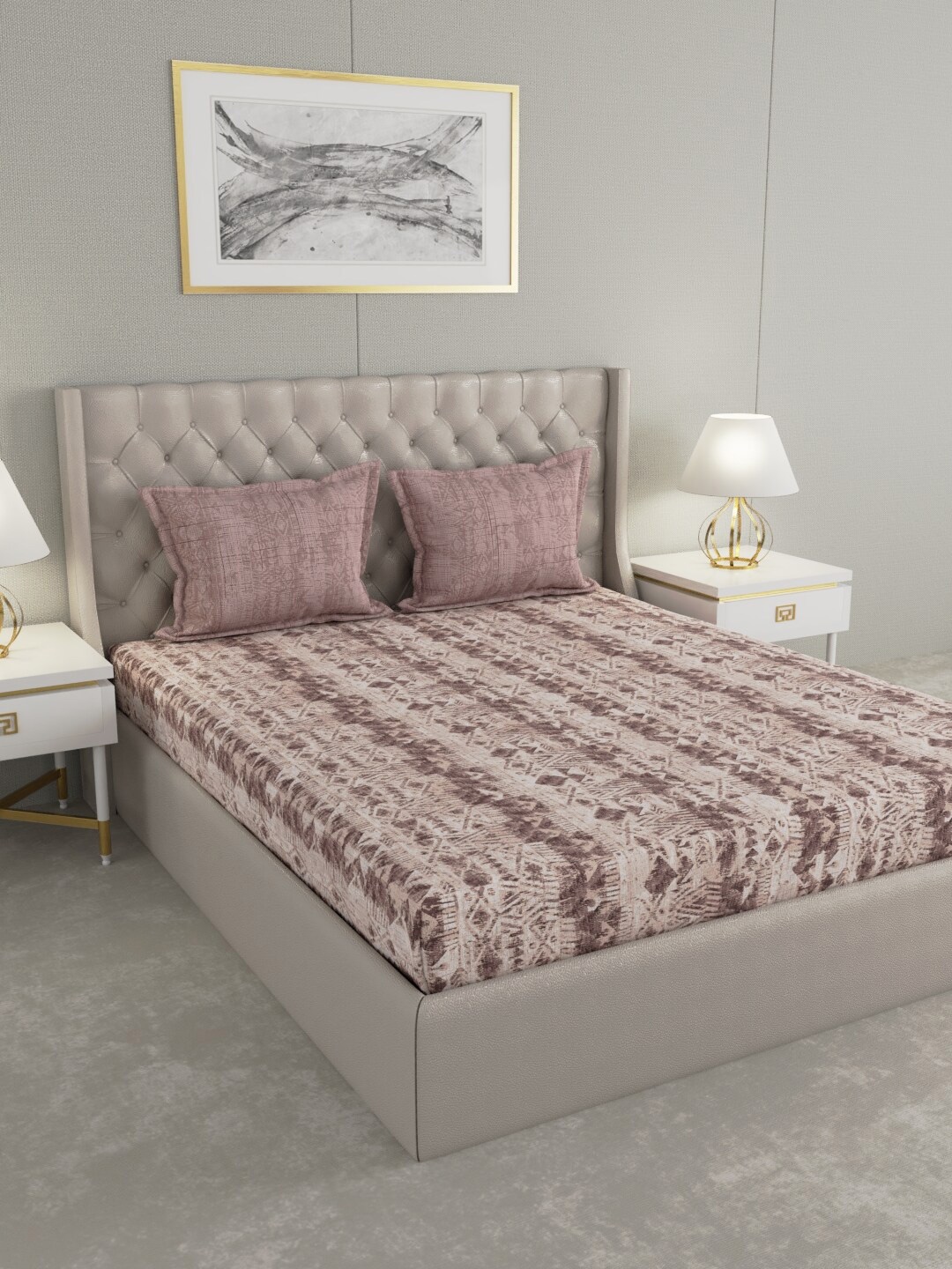 

MYTRIDENT Brown Beige Geometric Printed 144 TC Queen Bedsheet with 2 Pillow Covers