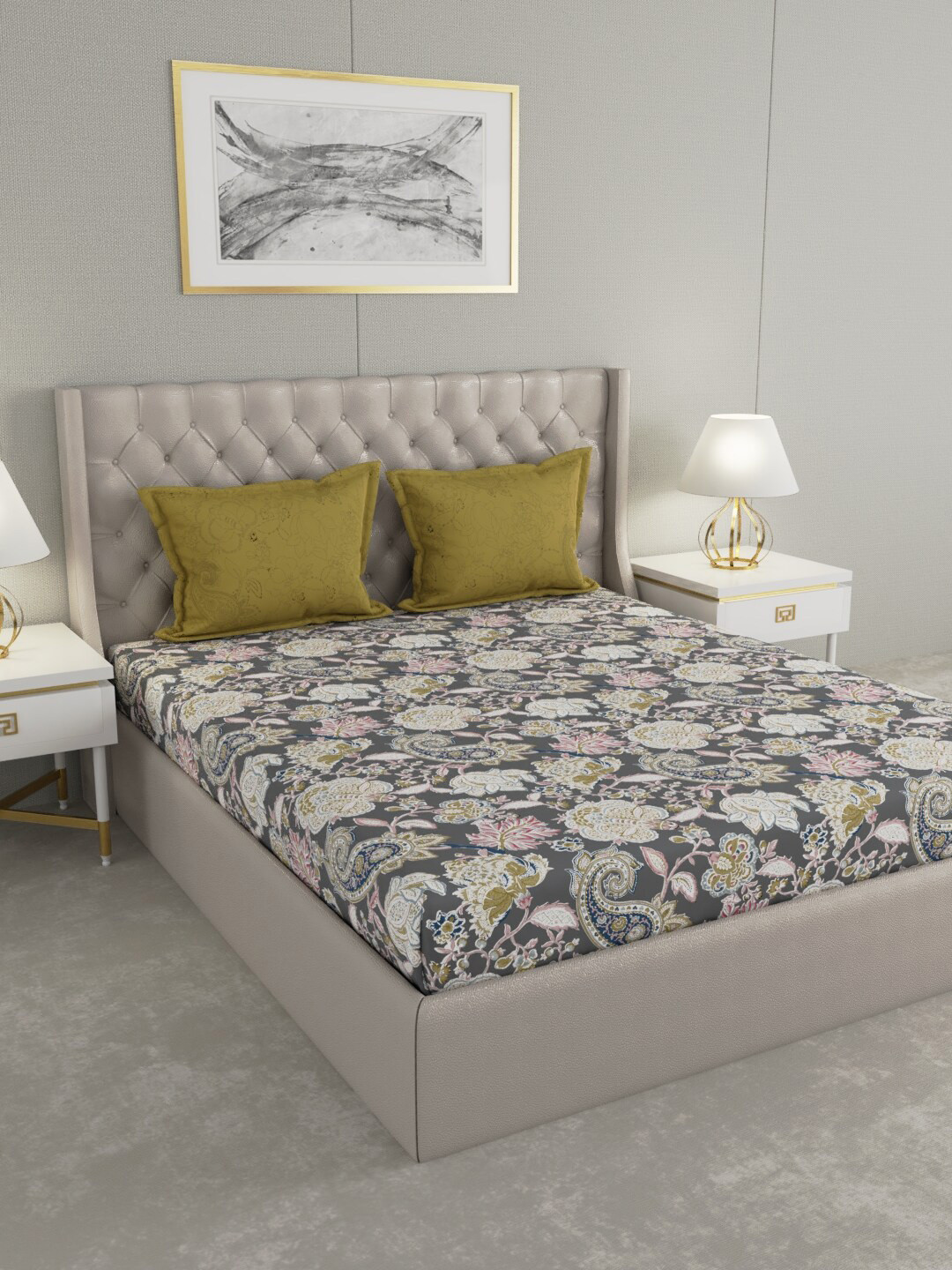 

MYTRIDENT Grey Olive Green Floral 144 TC Queen Bedsheet with 2 Pillow Covers