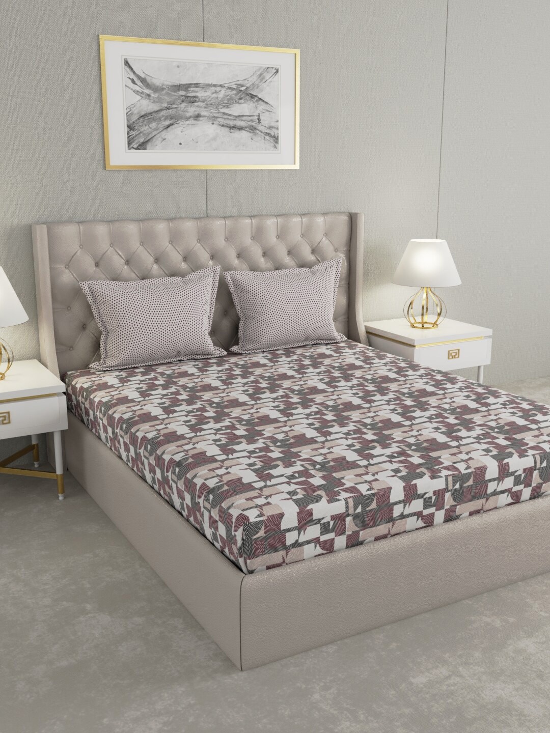 

MYTRIDENT Olive Green Beige Geometric Printed 144 TC Queen Bedsheet with 2 Pillow Covers