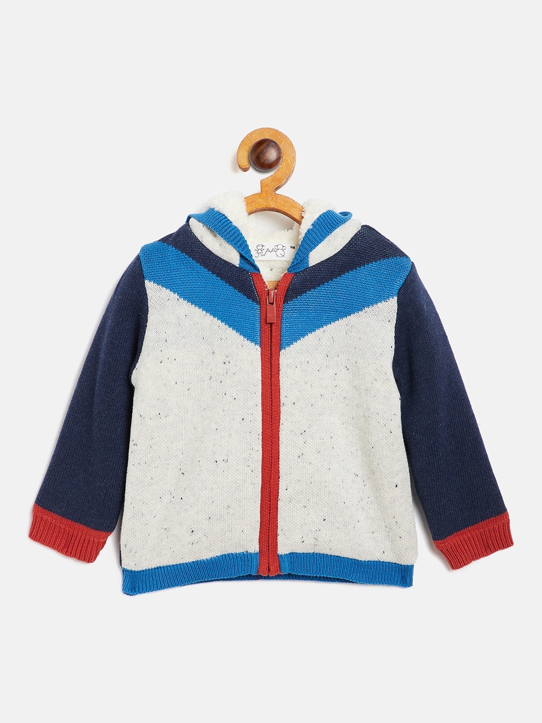 

JWAAQ Kids Grey & Blue Colourblocked Pure Cotton Front-Open Hooded Sweater