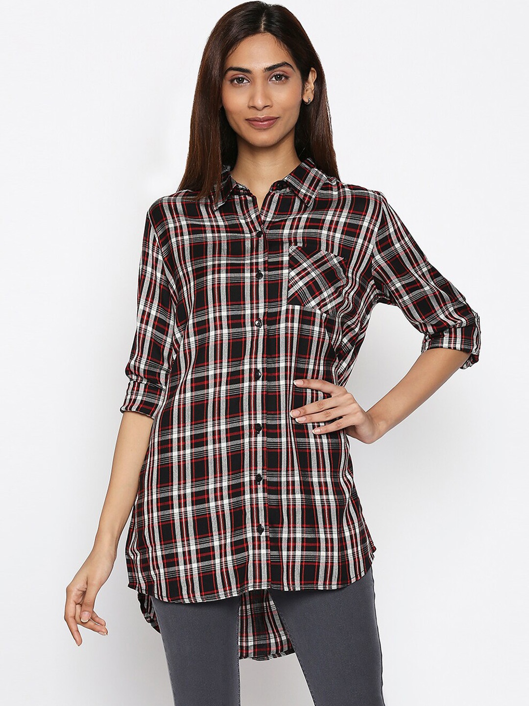 

People Women Black Tartan Checks Opaque Checked Casual Shirt