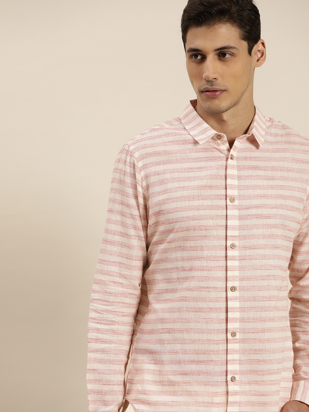 

ether Kora Collection Men White & Red Cotton Sustainable Unbleached Fabric Striped Shirt