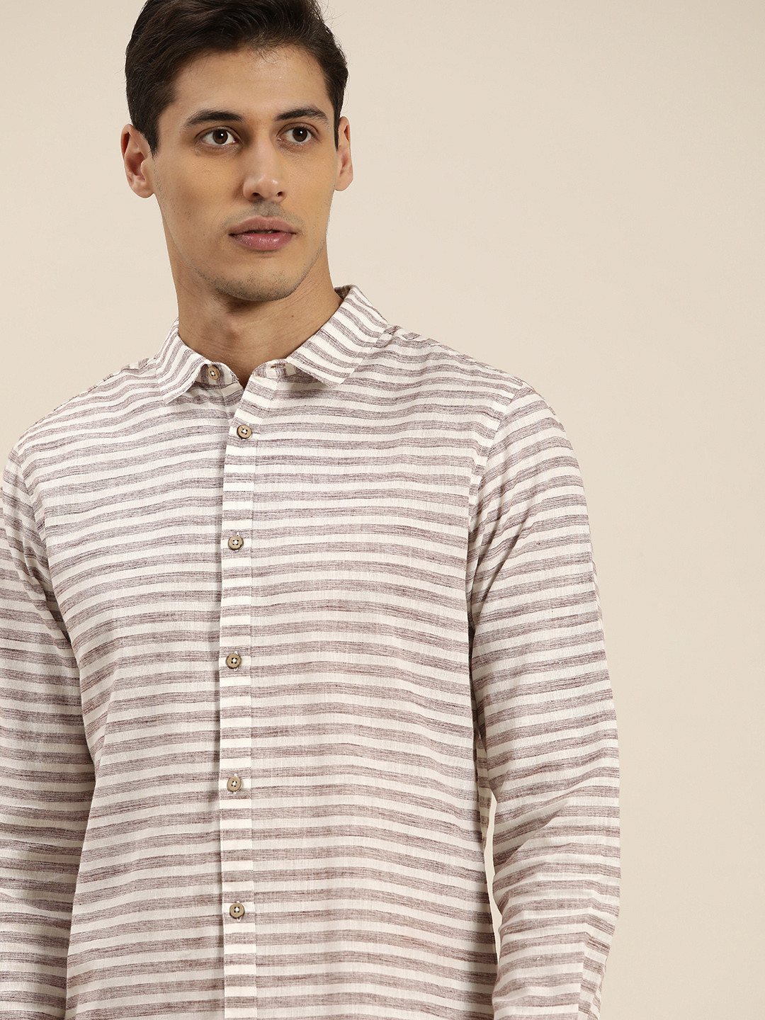 

ether Kora Collection Men White & Brown Cotton Sustainable Unbleached Fabric Striped Shirt