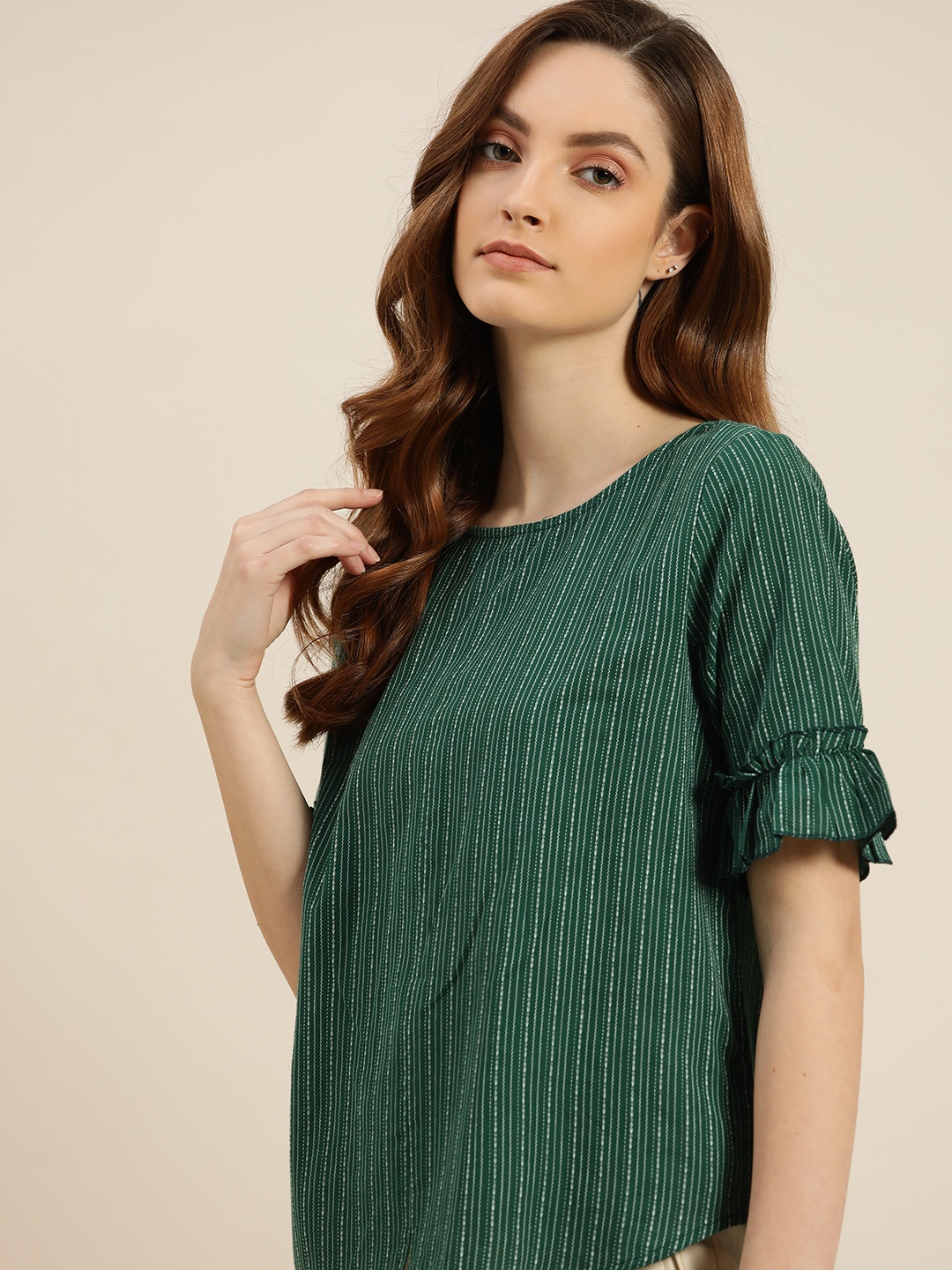 

ether Kora Collection Green & White Striped Pure Cotton Handloom Sustainable Top