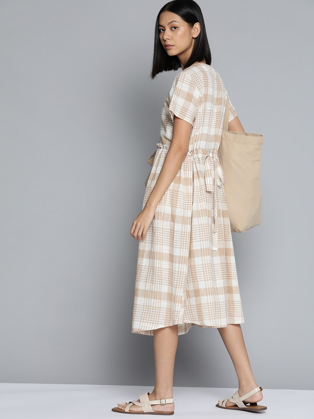 

ether Kora Collection Brown & White Cotton Sustainable Unbleached Fabric Checked Dress