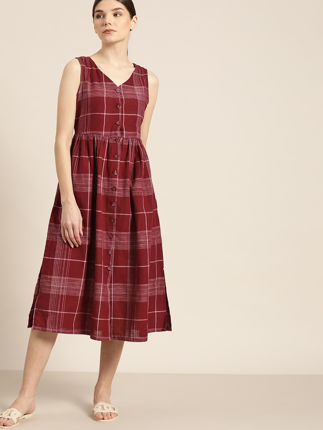 

ether Women Maroon & Pink Pure Cotton Checked A-Line Dress