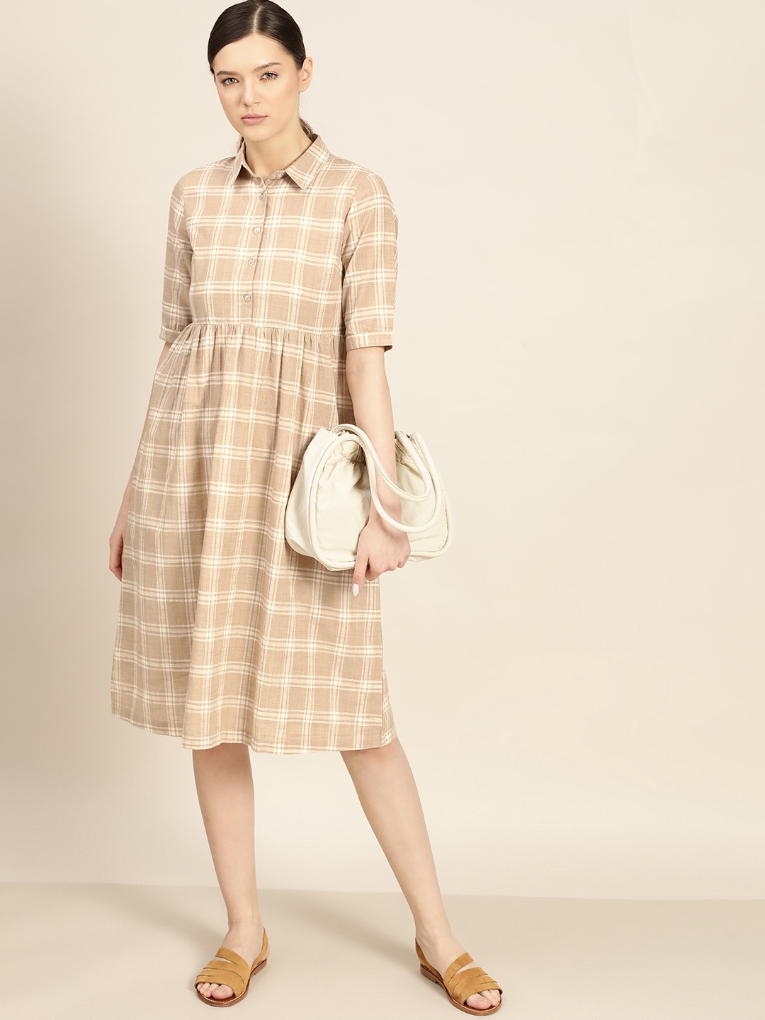 

ether Kora Collection Beige & White Handloom Sustainable Unbleached Fabric Shirt Dress