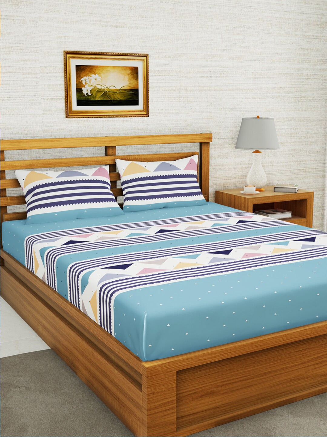 

BIANCA Blue & Beige Striped 152 TC Queen Bedsheet with 2 Pillow Covers