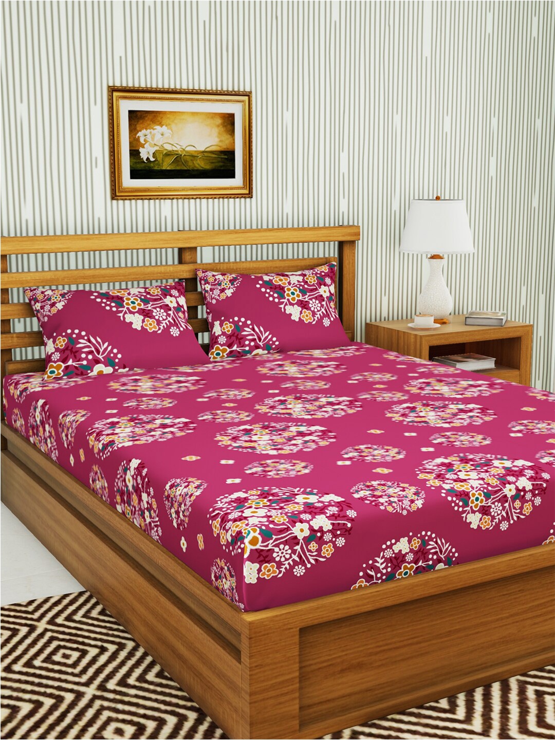 

BIANCA Magenta & White Floral 152 TC Queen Bedsheet with 2 Pillow Covers