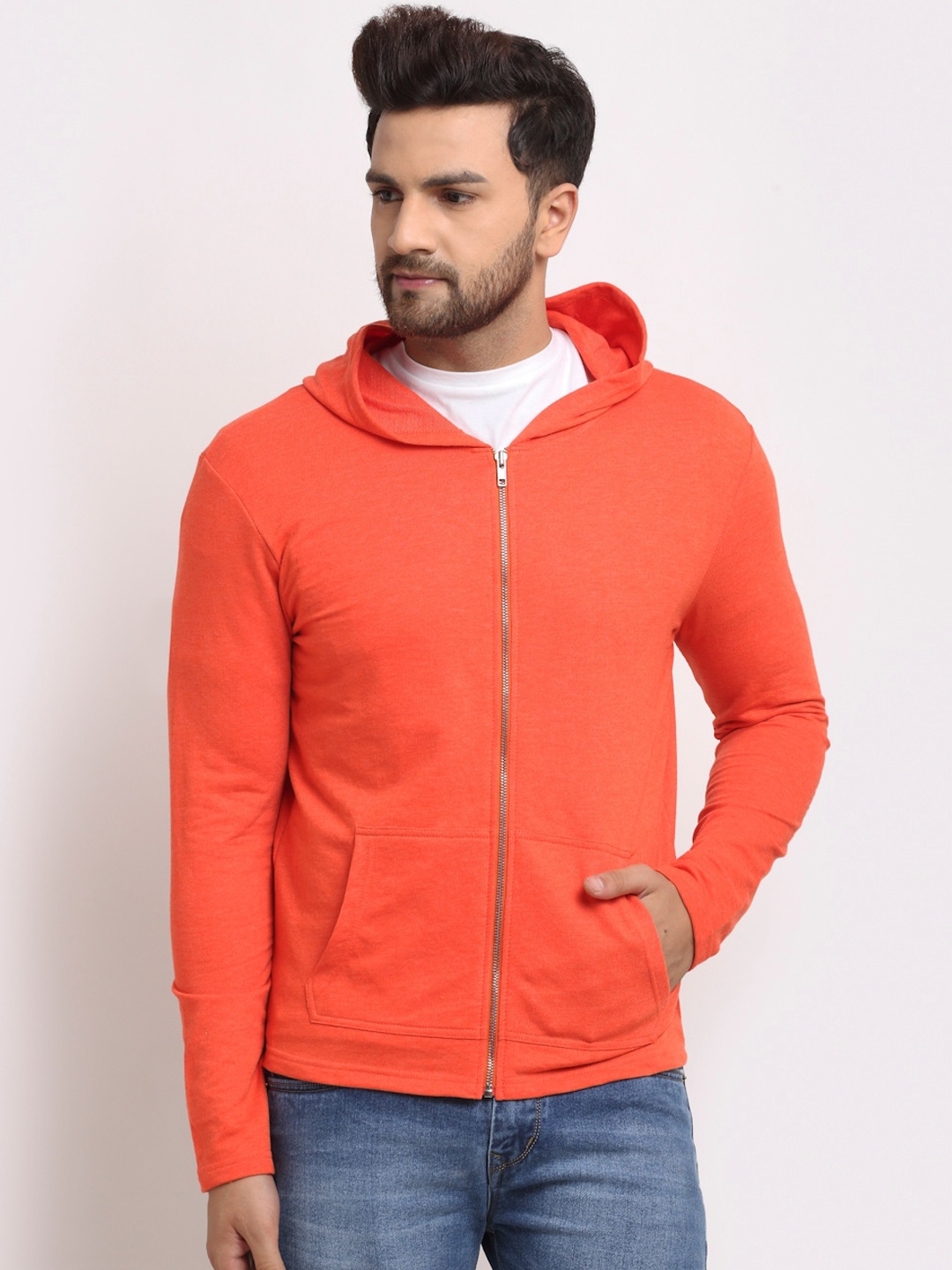 

DOOR74 Men Orange Hooded Sweatshirt