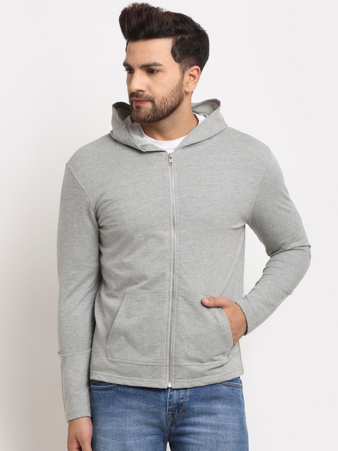 

DOOR74 Men Grey Melange Hooded Sweatshirt