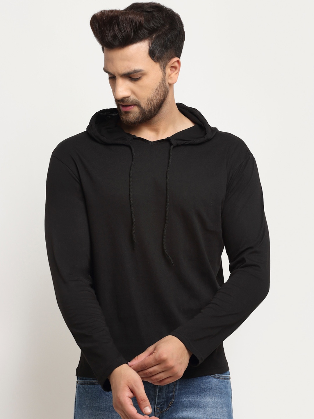 

DOOR74 Men Black Hooded Sweatshirt