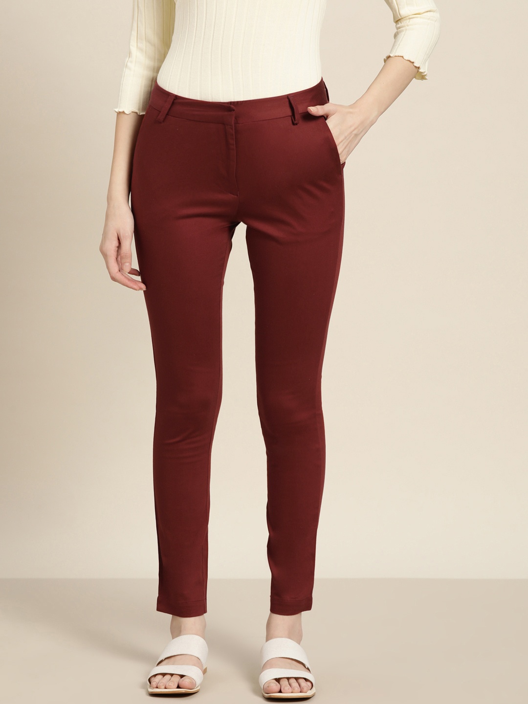 

ether Women Maroon Solid Regular Fit Pure Cotton Trousers