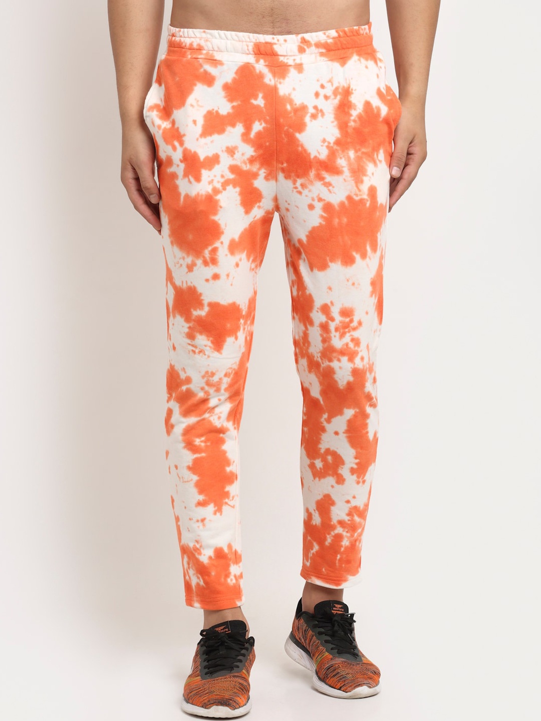 

DOOR74 White & Orange Cotton Tie & Dye Relaxed Fit Track Pants