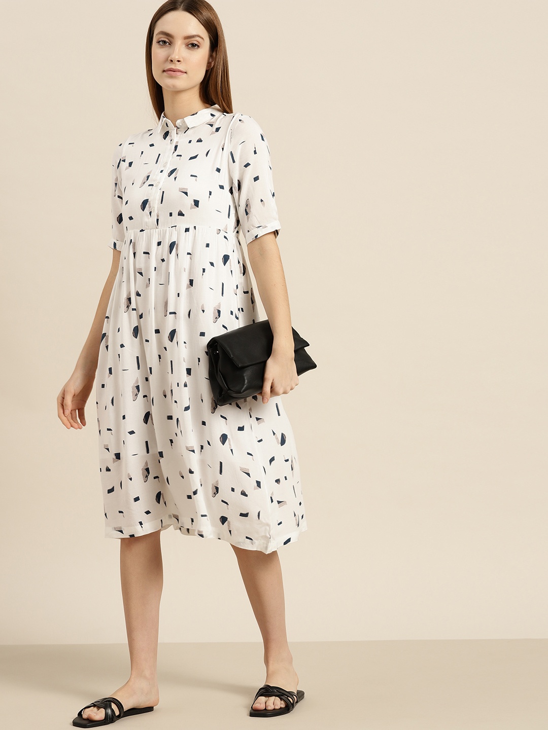 

ether White and Navy Blue Printed Shirt Dress