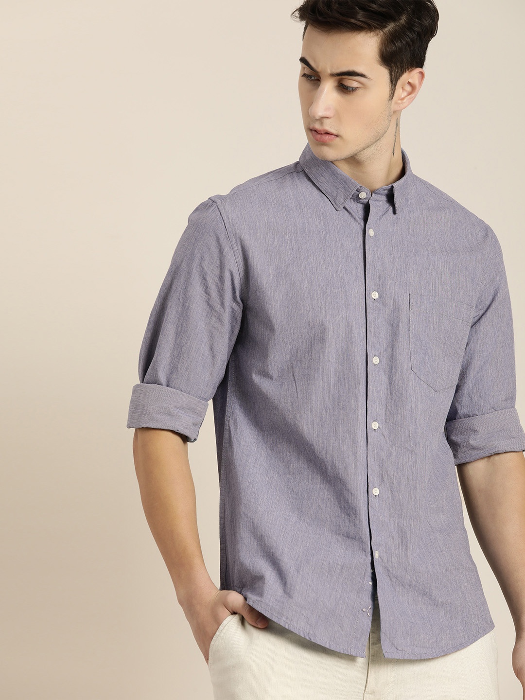 

ether Men Blue Slim Fit Solid Pure Cotton Casual Shirt
