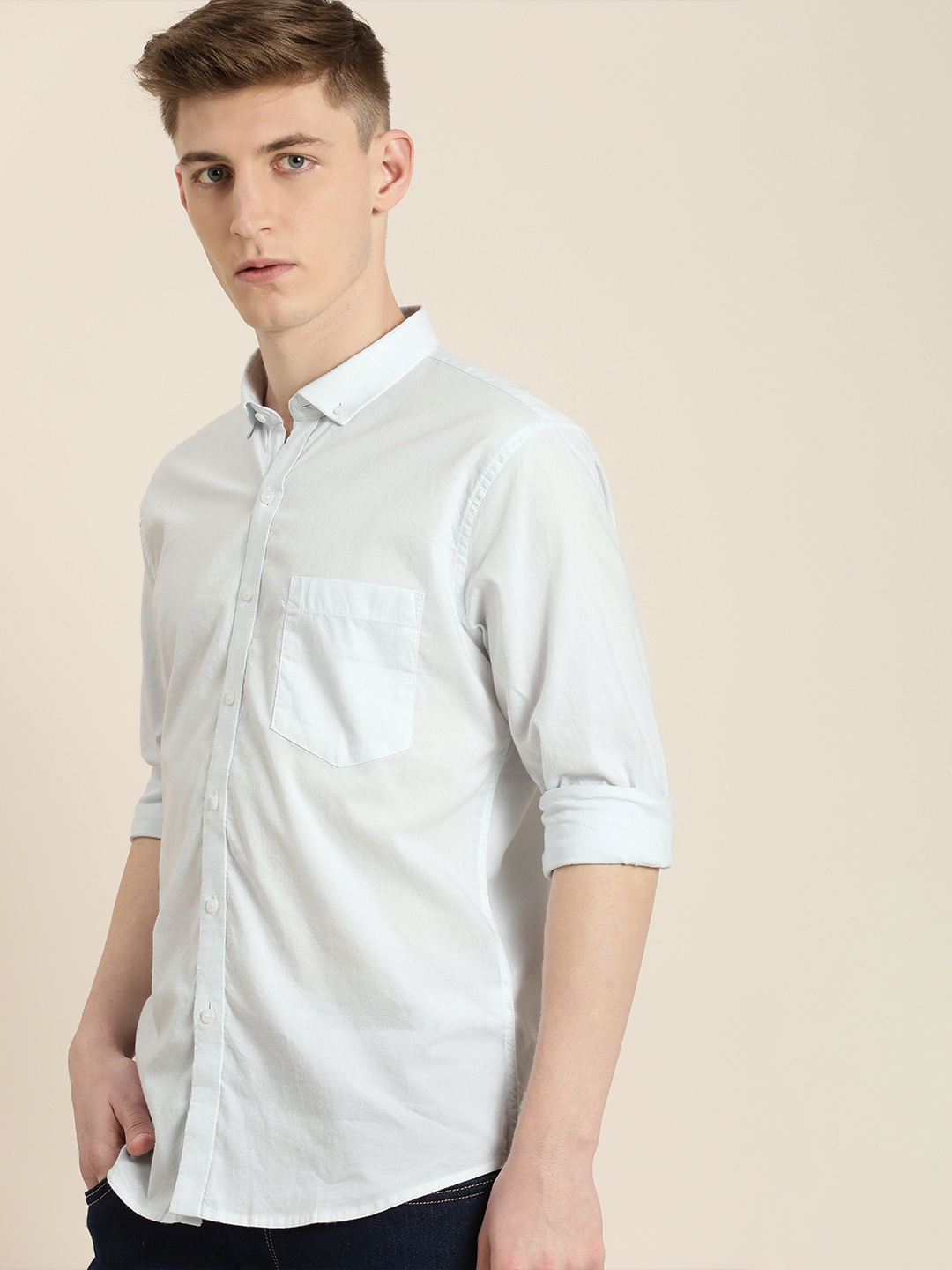

ether Men Light Blue Solid Regular Fit Pure Cotton Casual Shirt