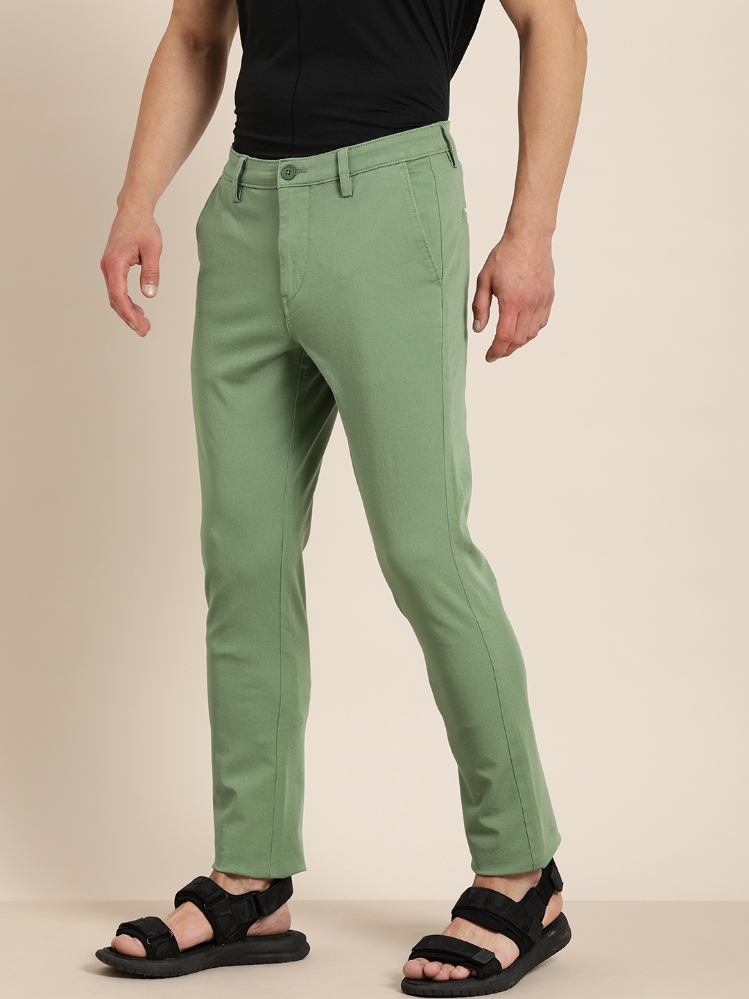 

ether Men Green Slim Fit Four Way Stretch Chinos Trousers