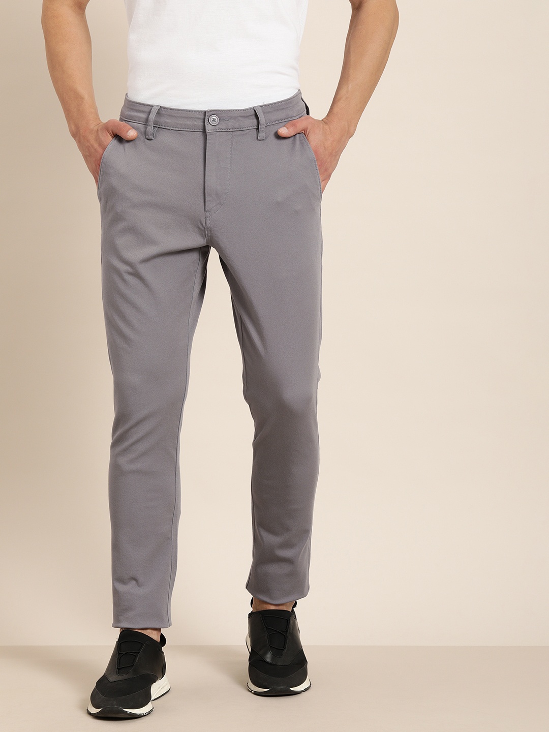 

ether Men Grey Slim Fit Four Way Stretch Chinos Trousers