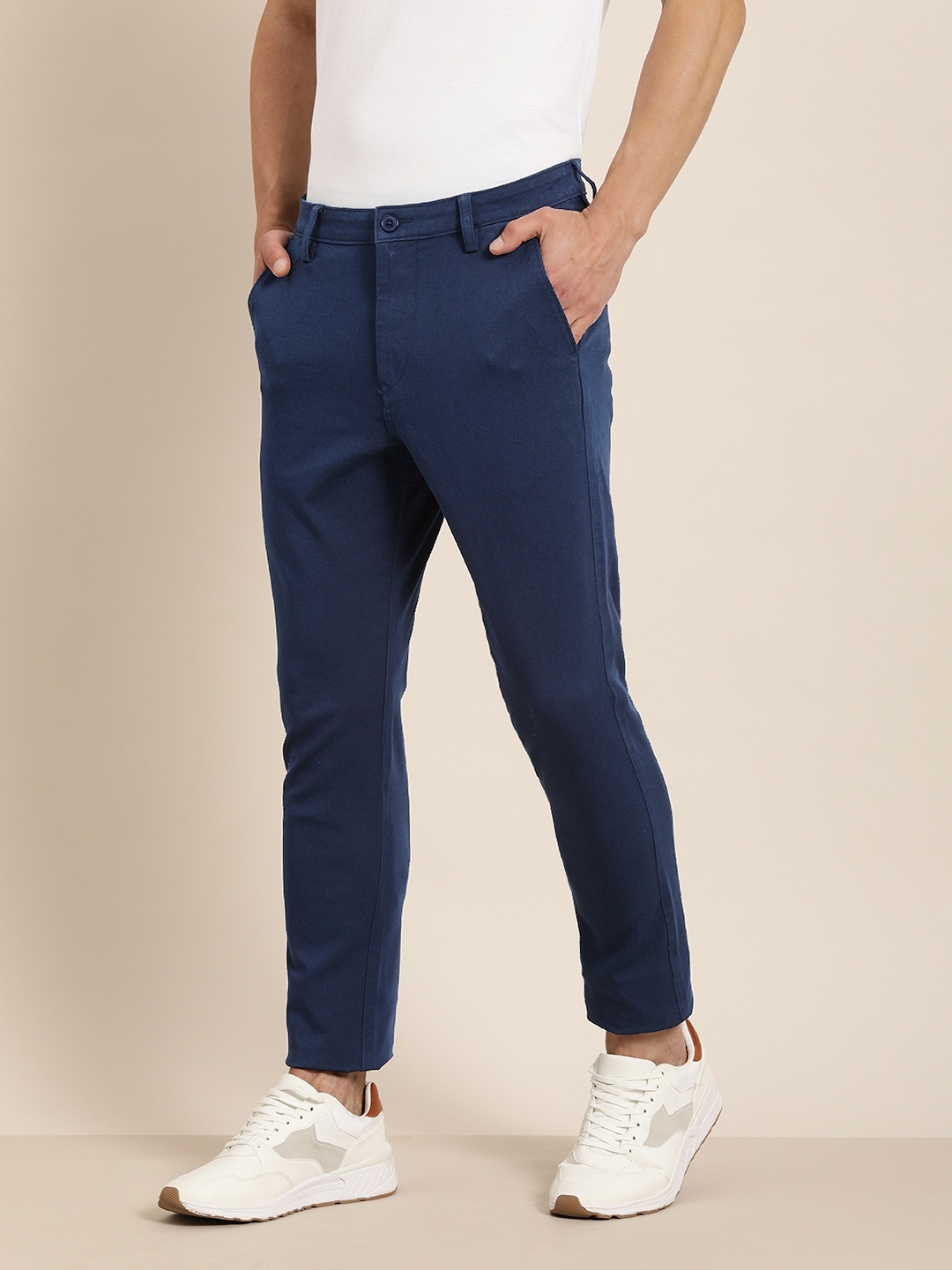 

ether Men Navy Blue Slim Fit Four Way Stretch Chinos Trousers