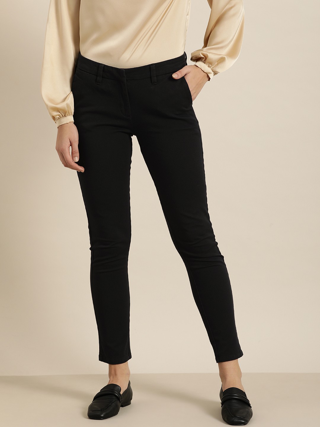 

ether Women Black Solid Four way stretch comfort Slim Fit Trousers
