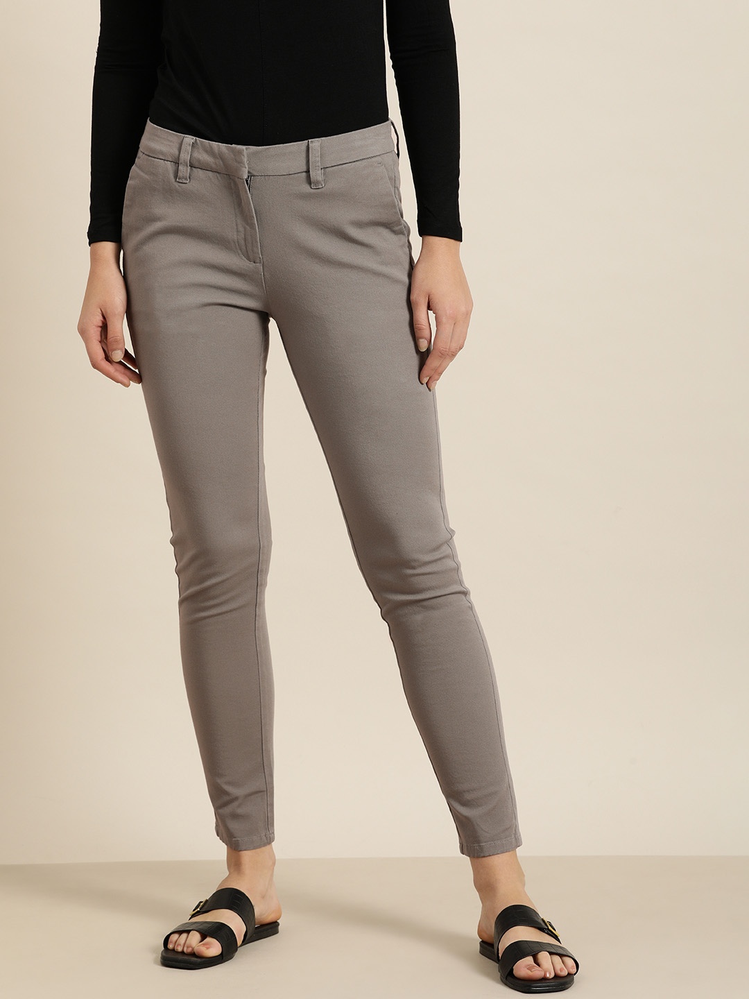 

ether Women Grey Solid Four way stretch comfort Slim Fit Trousers