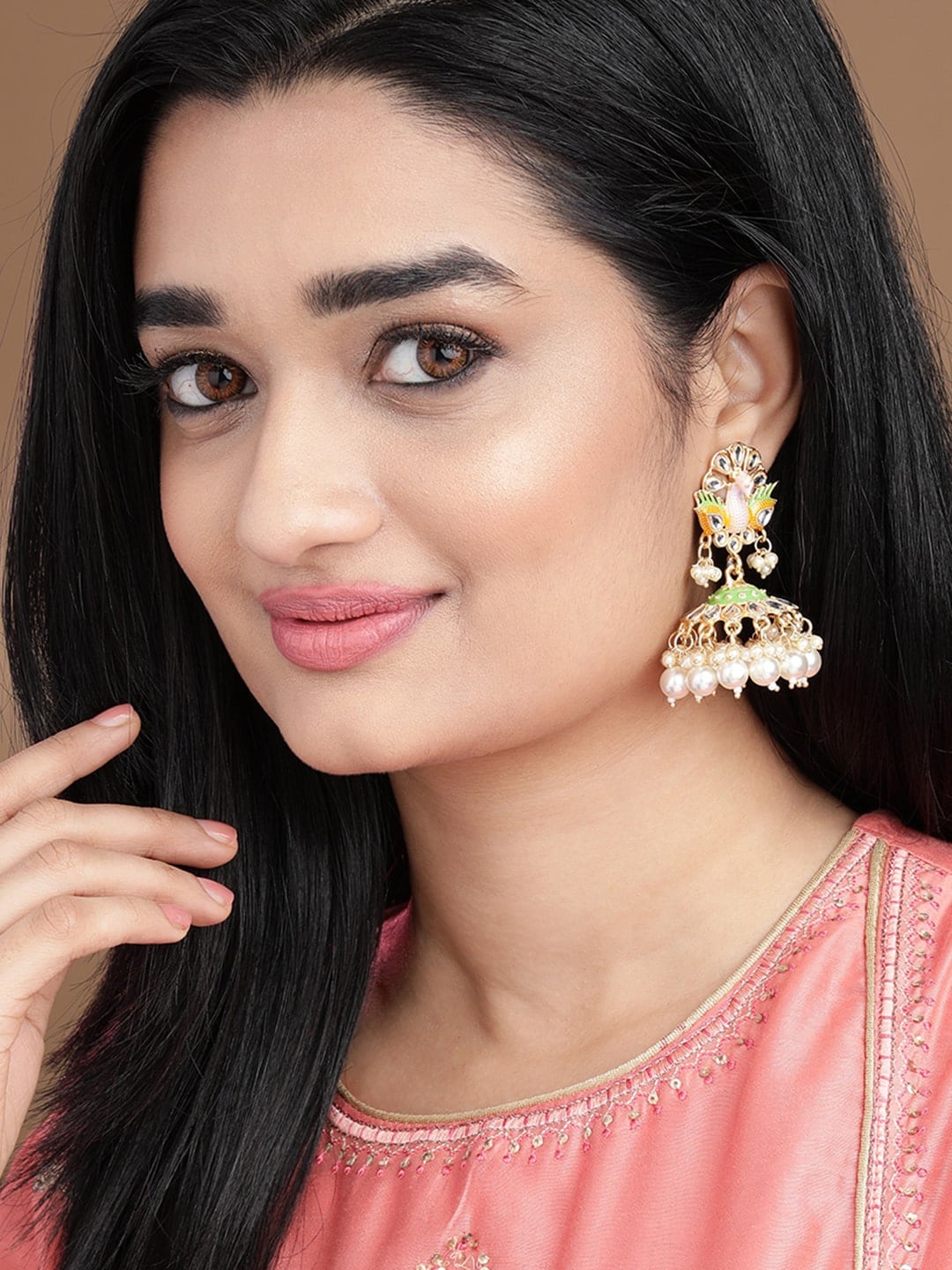 

Rubans Gold-Plated Gold-Toned Kundan Enamelled Peacock Shaped Jhumkas Earrings